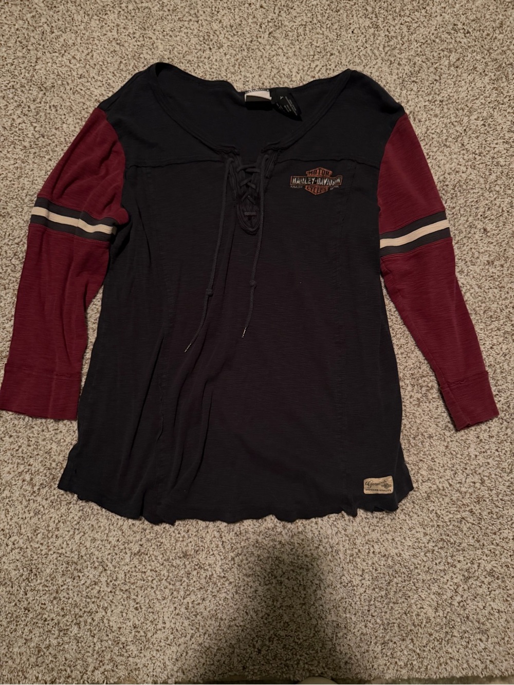 Harley-Davidson Black Top with Burgundy Stripe Sleeves & Lace-Up Neck